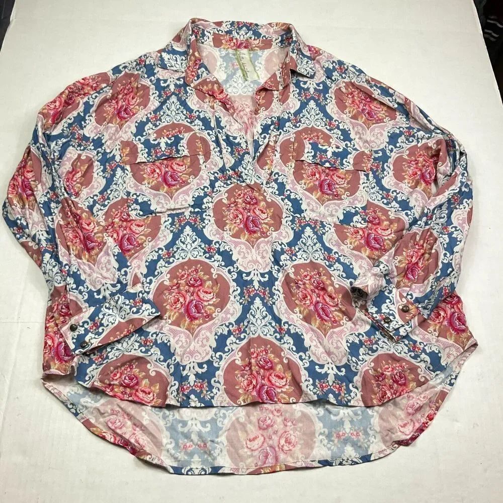 Aratta Silent Journey Boho Shirt Paisley Hippie Long Sleeve Gypsy Top MEDIUM
